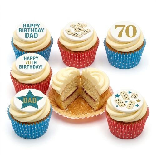 A selection of cupcakes with white frosting, some featuring dominoes designs, others with custom age and message toppers in blue and gold.