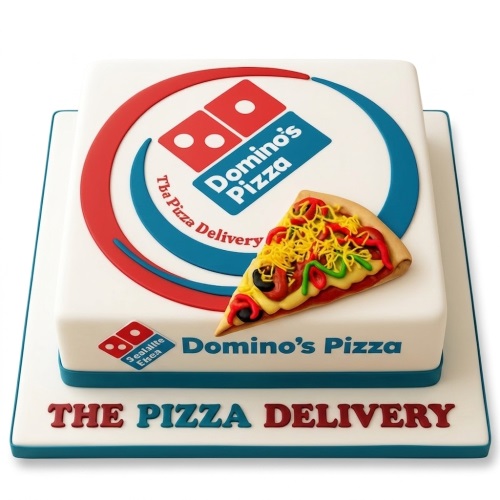 Two-tier square white cake with Domino's Pizza logo and a realistic pizza slice decoration.
