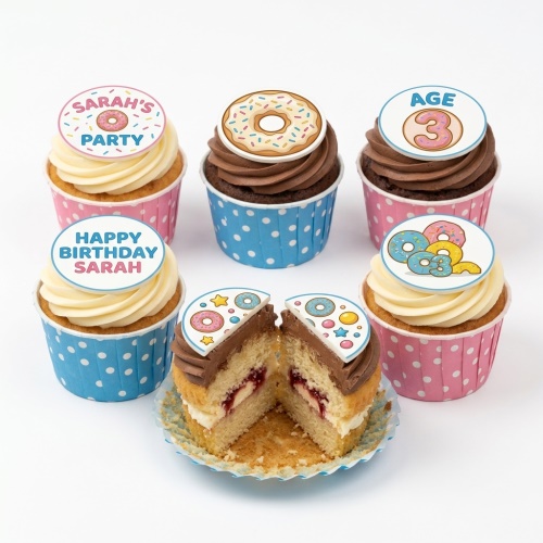 Doughnut themed birthday cupcakes with vanilla and chocolate frosting, featuring custom age and message toppers.
