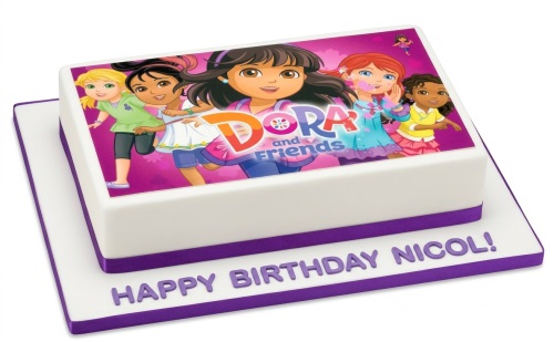 Rectangular white Dora and Friends birthday cake with purple ribbon and custom message