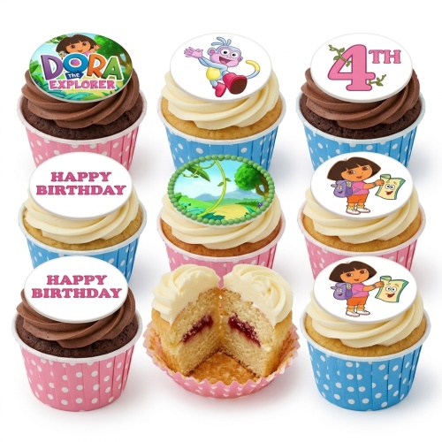 Dora the Explorer themed cupcakes with Dora, Boots, jungle scene, and 'Happy Birthday' toppers, in pink and blue cases.