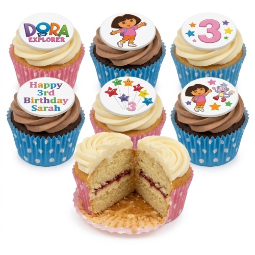 Dora the Explorer themed cupcakes with character toppers, stars, and custom age/message examples.