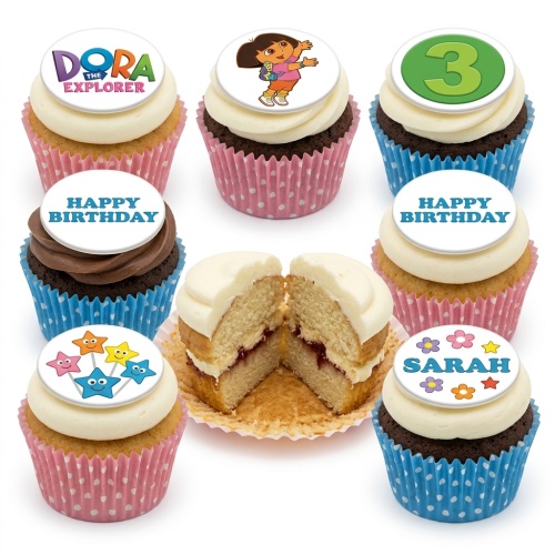 Dora the Explorer themed cupcakes with various toppers including Dora character, logo, custom age, and personalised name.