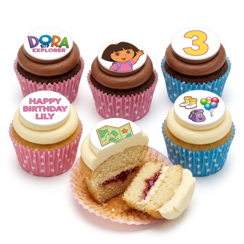 Dora the Explorer themed cupcakes with character, map, and adventure item toppers, custom age, and personalised message.