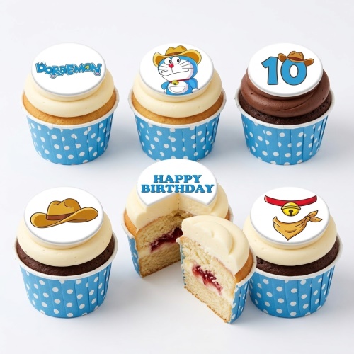 Set of Doraemon themed birthday cupcakes with cowboy hats, a bell, and a custom age '10' topper.