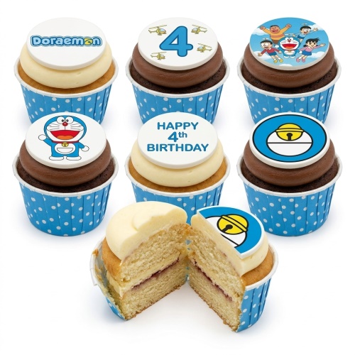 Doraemon themed cupcakes with blue polka dot cases and custom age toppers