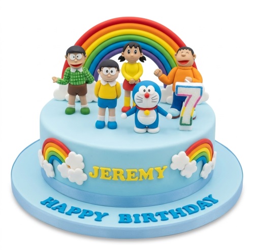 Light blue Doraemon and friends birthday cake with rainbow arch and custom age topper.