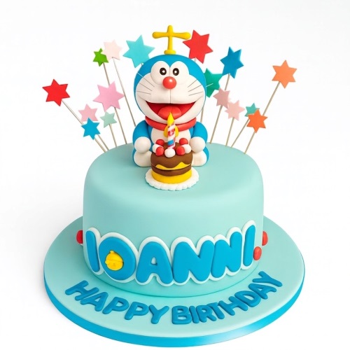 Light blue Doraemon birthday cake with star toppers and a personalised name.