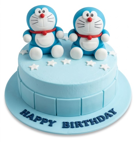 Light blue single-tier Doraemon birthday cake with two Doraemon figures and white stars on top, with 'Happy Birthday' message.