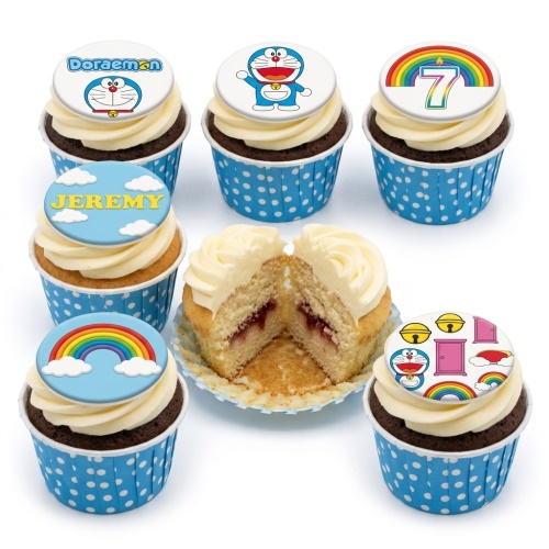 Doraemon themed cupcakes with character, logo, rainbow, and personalised name toppers.