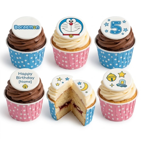 Doraemon themed birthday cupcakes with custom age topper and personalised message.