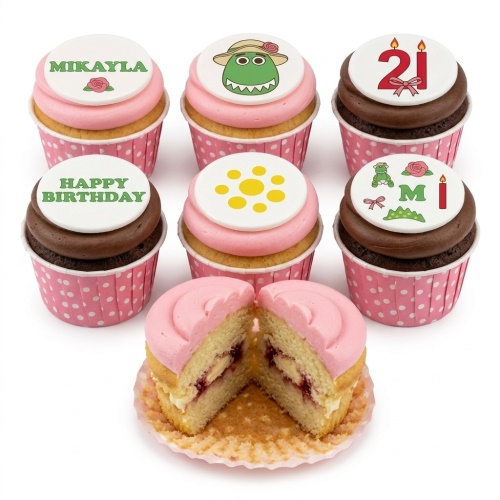 Assorted kids birthday cupcakes with pink and chocolate frosting, featuring character, rose, and custom age toppers.