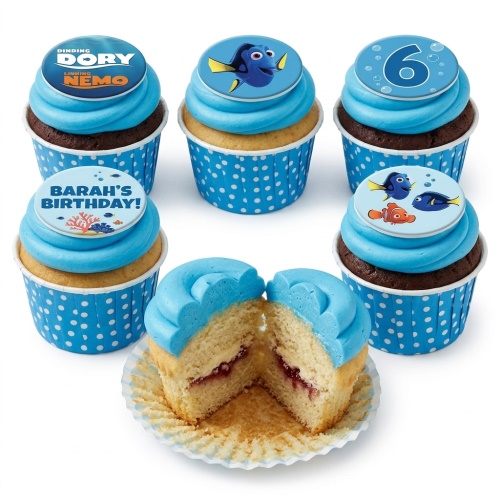 Blue frosted cupcakes with Finding Dory and Nemo edible toppers, including a custom age and birthday message.