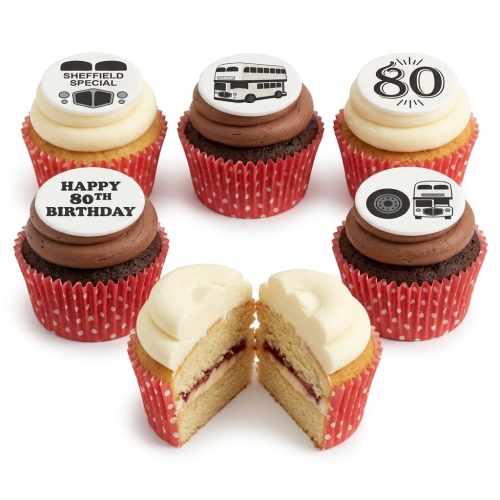 Cupcakes with bus designs and custom age 80 topper, vanilla and chocolate frosting