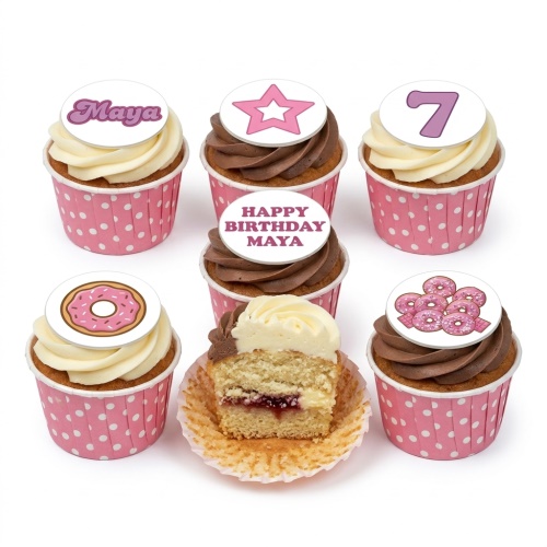 Pink polka dot cupcakes with white and chocolate icing, topped with customisable donut, star, name, and age toppers.