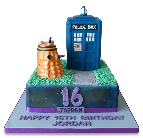 Doctor Who themed birthday cake with blue TARDIS, orange Dalek, and custom age topper.