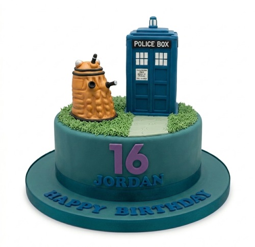 Round teal Doctor Who birthday cake with TARDIS, Dalek, and green grass decorations.