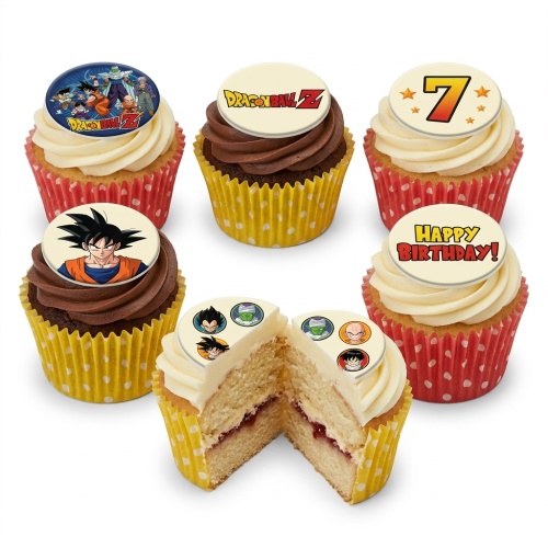 Set of Dragon Ball Z themed cupcakes with character toppers, Dragon Ball Z logo, a 'Happy Birthday' message, and a custom age '7' topper.