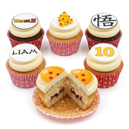 Dragon Ball Z themed cupcakes with logo, Goku kanji, Dragon Balls, custom name and age toppers.