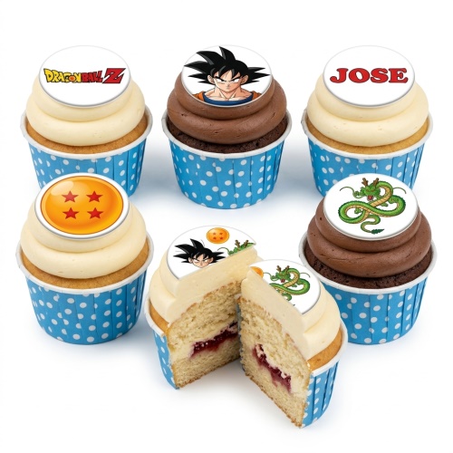 Set of Dragon Ball Z themed cupcakes with Goku, logo, Dragon Balls, and Shenron toppers in blue polka dot cases.