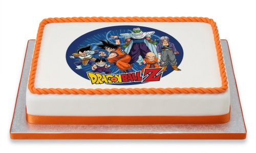 Rectangular white Dragon Ball Z birthday cake with an orange twisted border and character edible image.