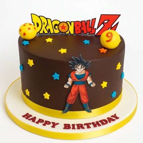 Round chocolate-coloured Dragon Ball Z birthday cake with Goku, star sprinkles, Dragon Balls, and a custom age topper.