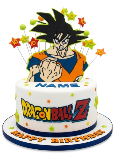 White round Dragon Ball Z birthday cake with Goku topper, custom name, and star decorations.