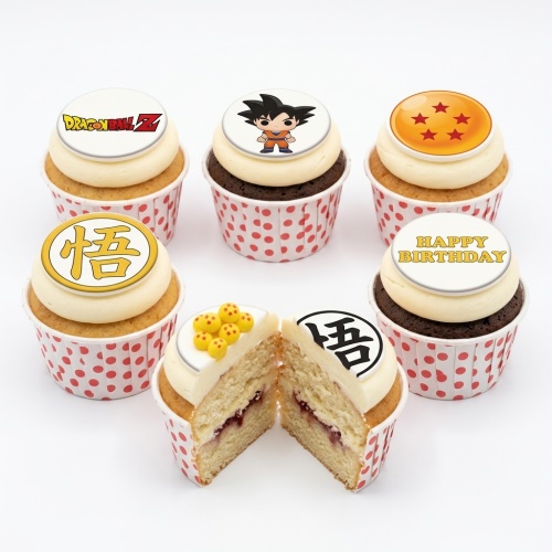 Dragon Ball Z themed cupcakes with Goku, logo, Dragon Balls, and 'Happy Birthday' message toppers.