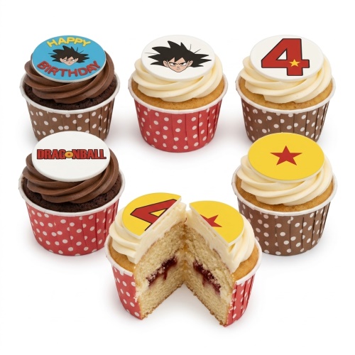 Dragon Ball Z themed cupcakes with Goku, logo, star, and custom age topper.