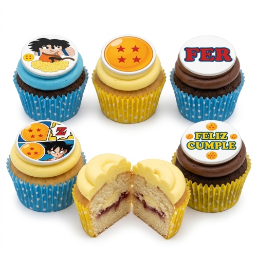 Dragon Ball Z themed cupcakes with Goku and Dragon Ball edible toppers, in blue and yellow wrappers.