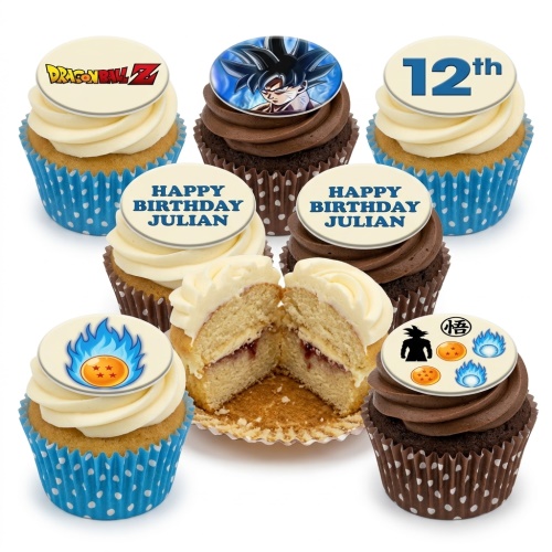 Dragon Ball Z themed cupcakes with Goku and Dragon Ball toppers, custom age and personalised message examples.