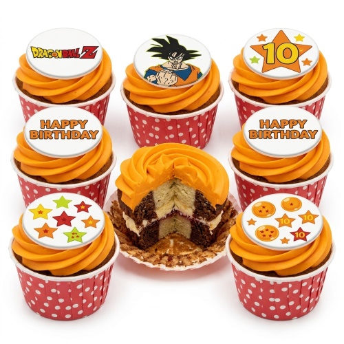Dragon Ball Z themed birthday cupcakes with orange frosting, Goku, Dragon Ball Z logo, Dragon Balls, and a custom age topper.