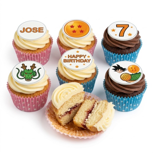 Dragon Ball Z themed birthday cupcakes with Goku, Shenron, and Dragon Ball toppers on vanilla and chocolate cupcakes.