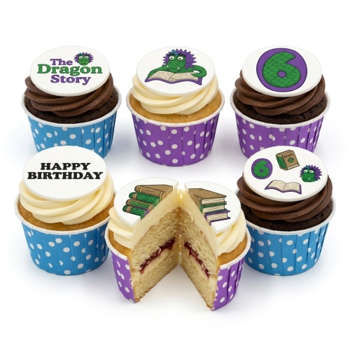 A set of dragon and storybook themed birthday cupcakes with an age topper and 'Happy Birthday' message.