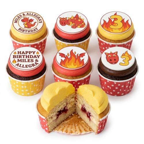 Dragon themed cupcakes with red and yellow frosting, edible dragon and flame toppers, and a custom age topper.