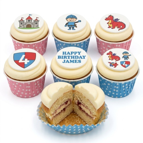 Cupcakes with knight, dragon, castle, and shield toppers, suitable for a custom age birthday.
