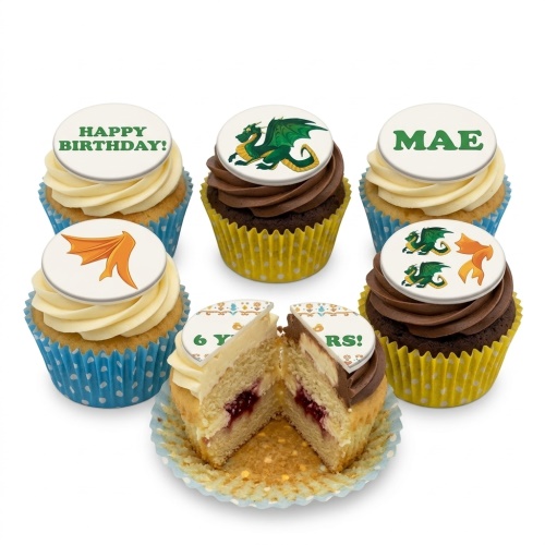 Dragon themed cupcakes with green dragons and orange wings, vanilla and chocolate frosting, custom age and name toppers.