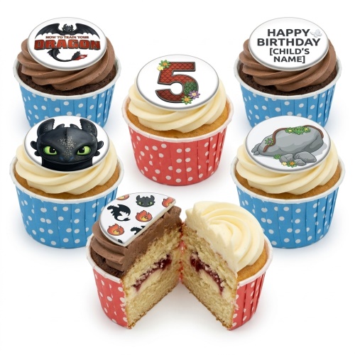 How to Train Your Dragon cupcakes with Toothless toppers, custom age topper, and personalised birthday message.