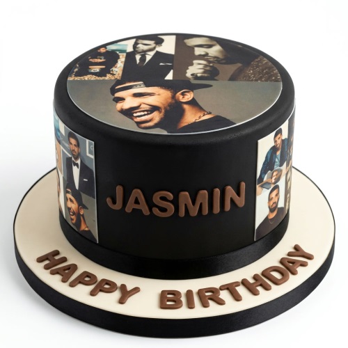 Round black birthday cake with Drake photo collage and personalised name 'Jasmin'.