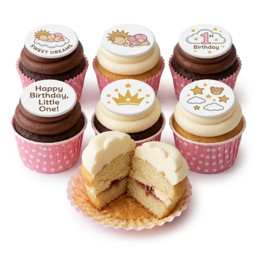 Assorted cupcakes with baby, crown, teddy bear, and '1st Birthday' toppers in pink polka dot wrappers.