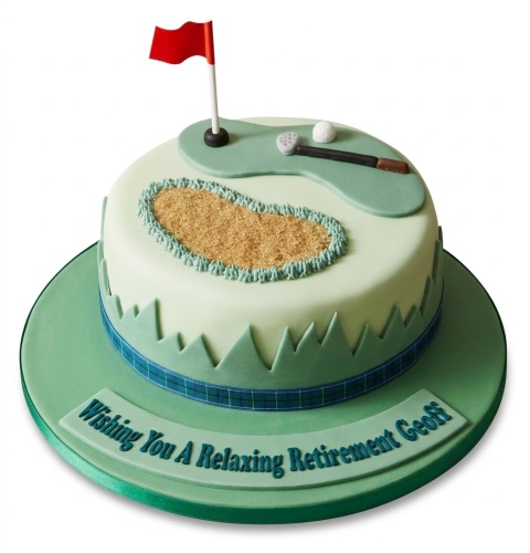 Round green golf retirement cake with a flag, club, ball, sand bunker, and tartan ribbon.