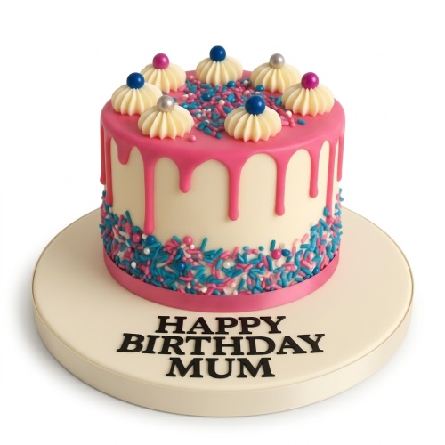 Round cake with cream base, pink drip, and pink, blue, white sprinkles. Topped with buttercream swirls and edible pearls. Message board reads 'Happy Birthday Mum'.