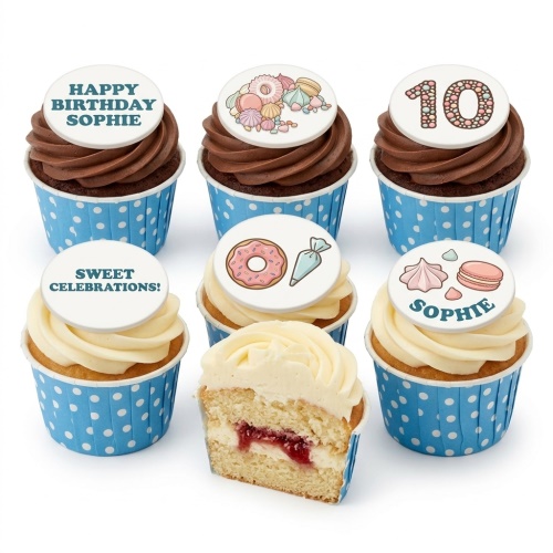 Assortment of sweet treats birthday cupcakes with pastel dessert toppers, custom age '10' and 'Sophie' examples.