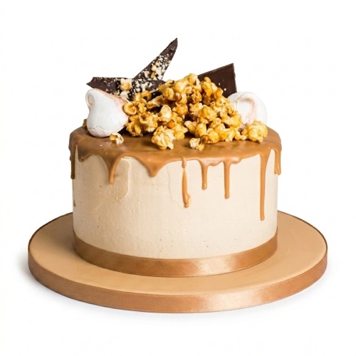 Round cake with caramel drip, topped with caramel popcorn, chocolate shards, and meringues, with a gold ribbon.