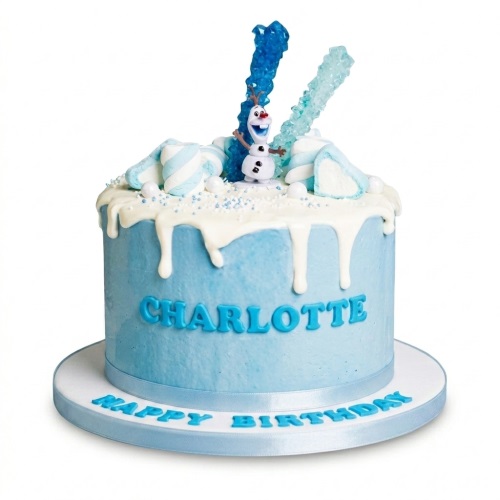 Light blue birthday cake with Olaf figurine, white drip, marshmallows, and blue rock candy.