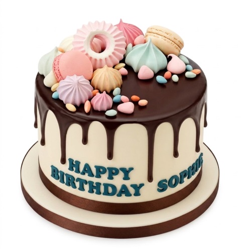 Round drip birthday cake with chocolate, macarons, meringues, and sprinkles.