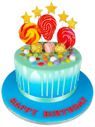 Round blue and mint green drip birthday cake with lollipops, stars, macarons, and colourful sweets.