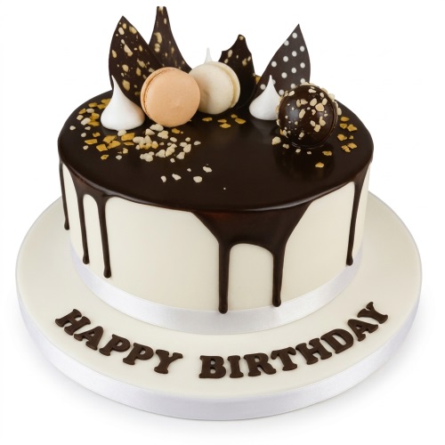 Round white cake with chocolate drip, macarons, meringues, chocolate sphere, and 'Happy Birthday' message.