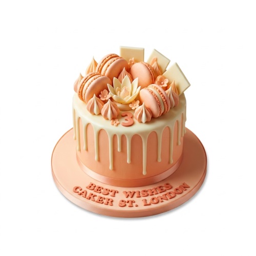 Round peach birthday cake with white drip, macarons, meringues, and a lotus flower.