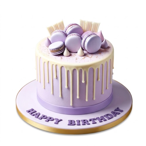Pastel purple drip cake with white chocolate, macarons, and 'Happy Birthday' message on board.